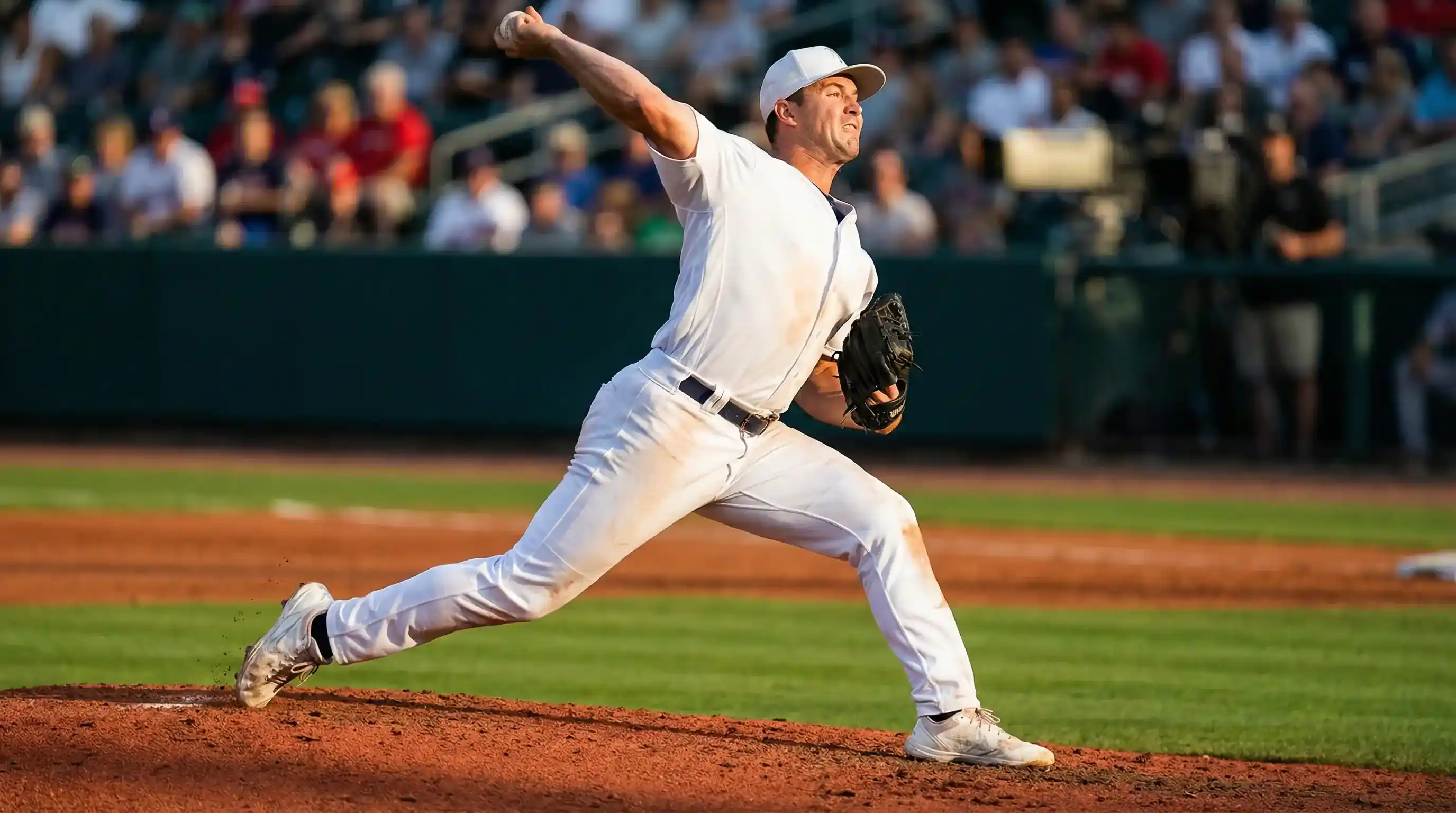 Baseballový nadhazovač v okamžiku nadhozu na kopečku během zápasu MLB