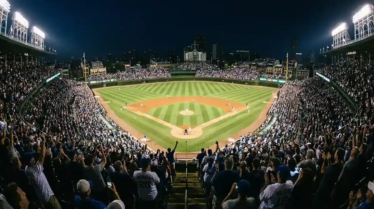 Večerní baseballový stadion s plnými tribunami a osvětleným hřištěm