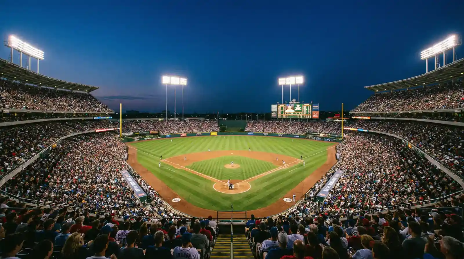Plný baseballový stadion MLB během večerního zápasu s osvětleným hřištěm